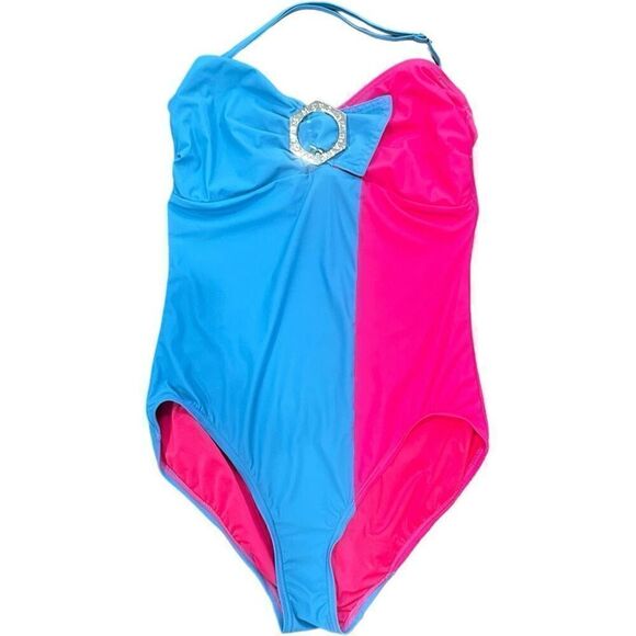 MARC BY MARC JACOBS Pink Blue Halter Color Block Swimsuit Swim Bathing Suit One - Picture 5 of 5